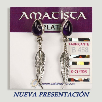 Pendientes PLATA. Amatista con pluma. Forma cabujón