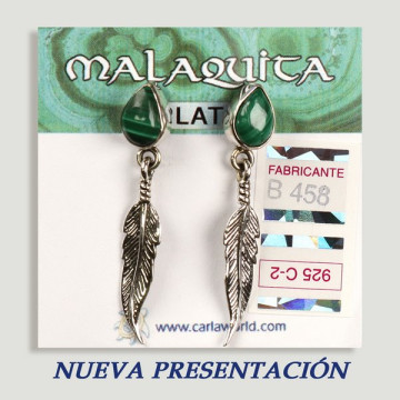 Pendientes PLATA. Malaquita  con pluma. Forma cabujón