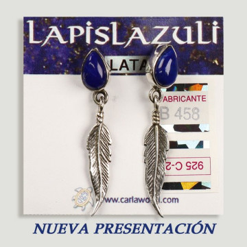 SILVER earrings. Lapis lazuli with feather. cabochon shape