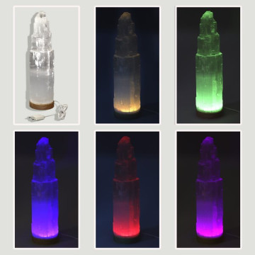 Selenite cathedral lamp 37.5cm. Color change. USB + Adapter.