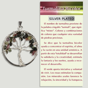 TOURMALINE MULTICOLORE. Pendentif arbre de vie en métal argenté. 3,5 cm.