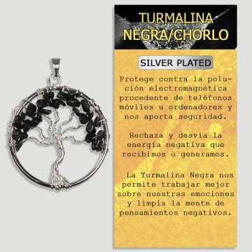 TOURMALINE NOIRE. Pendentif arbre de vie en métal argenté. 3,5 cm.