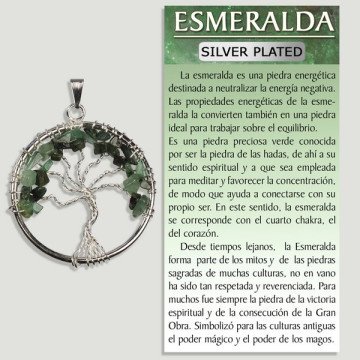 ÉMERAUDE. Pendentif arbre de vie en métal argenté. 3,5 cm.