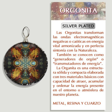 ORGONITE with TOURMALINE. Round silver plated pendant. 4cm.