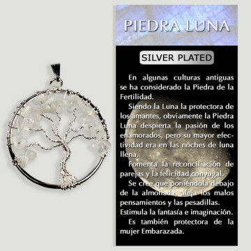 MOON STONE. Silverplated Tree Of Life Pendant. 3.5cm.