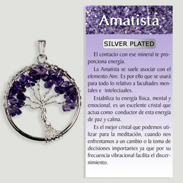 AMÉTHYSTE. Pendentif arbre de vie en métal argenté. 3,5 cm.