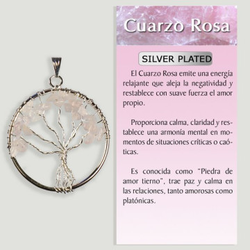 QUARTZ ROSE. Pendentif arbre de vie en métal argenté. 3,5 cm.