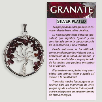 GRENAT. Pendentif arbre de vie en métal argenté. 3,5 cm.