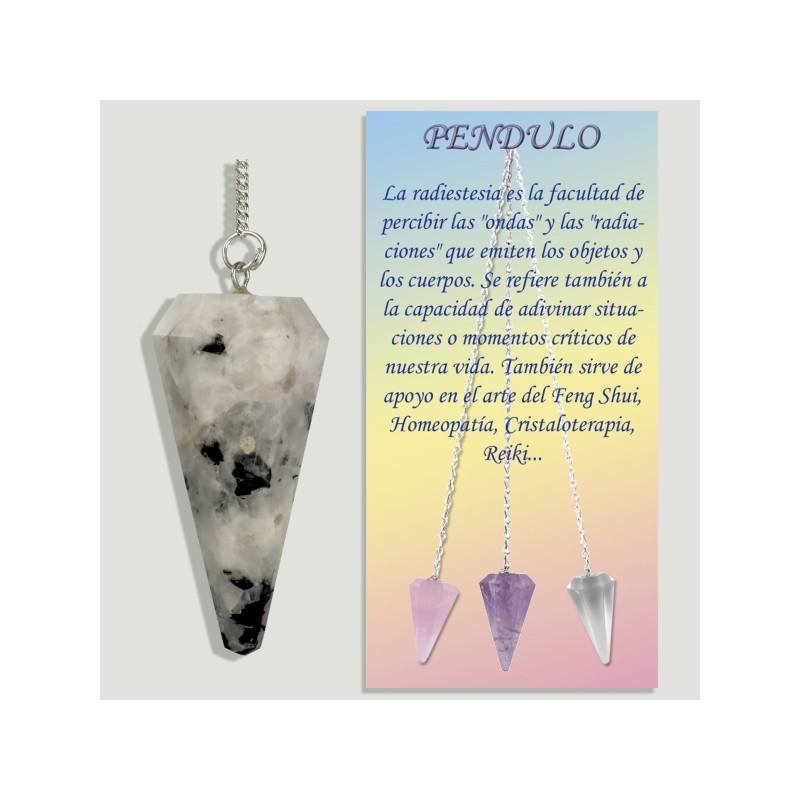 PIEDRA LUNA. Péndulo facetado con cadena metal. PIEDRA LUNA. Péndulo facetado con cadena metal.