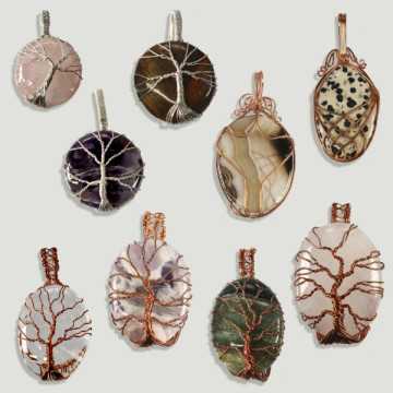 Arbre de la vie. Pendentif filigrane argent/cuivre. Minéraux variés.