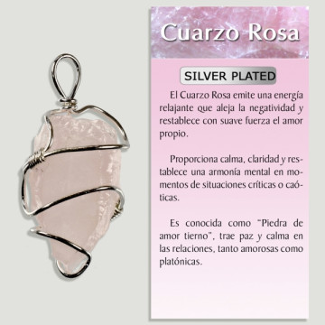 QUARTZ ROSE. Pendentif en métal argenté filigrane minéral brut.