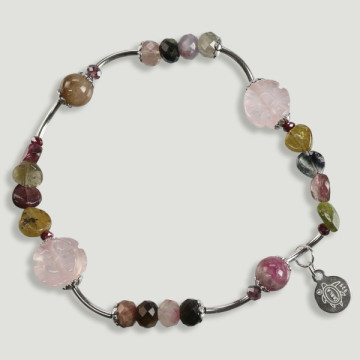 Pulseira de Prata SKADE. Turmalina e flor de quartzo rosa.