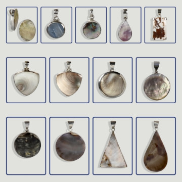 Assortiment de pendentifs coquillage/nacre en argent.