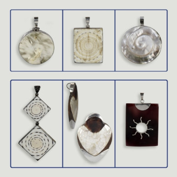 Assortiment de pendentifs coquillage/nacre en argent.