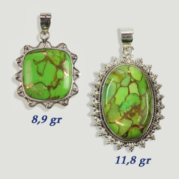 Silver Turquoise cabochon pendant with green Pyrite. From 8.9gr. (PRICE PER GRAM)