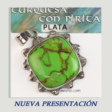 Pingente cabochão turquesa prateado com pirita verde. A partir de 8,9gr. (PREÇO POR GRAMA)