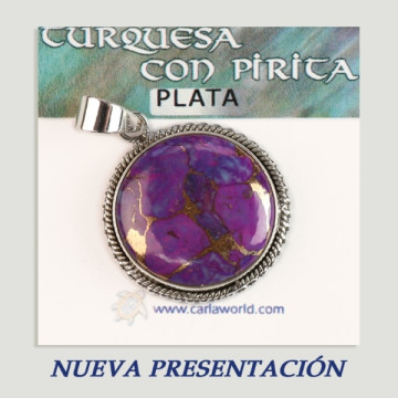 Pingente cabochão turquesa prateado com pirita lilás. A partir de 9,7gr. (PREÇO POR GRAMA)