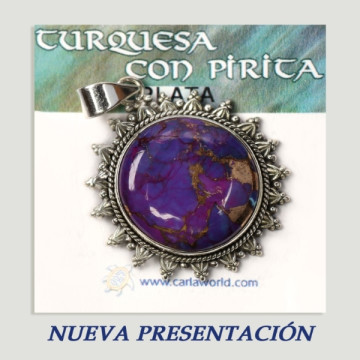 Pingente cabochão turquesa prateado com pirita lilás. A partir de 9,7gr. (PREÇO POR GRAMA)