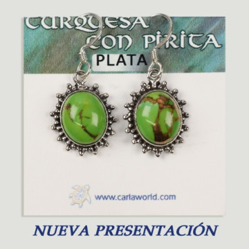 Turquoise Silver cabochon earrings with green Pyrite. From 3gr. (PRICE PER GRAM)