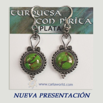 Brincos cabochão em Prata Turquesa com Pirita Verde. A partir de 3gr. (PREÇO POR GRAMA)