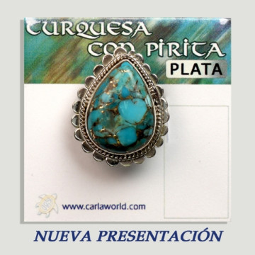 Anel cabochão em Prata Turquesa com Pirita azul claro. A partir de 5gr. (PREÇO POR GRAMA)