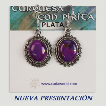 Turquoise silver cabochon earrings with lilac pyrite. From 3gr. (PRICE PER GRAM)