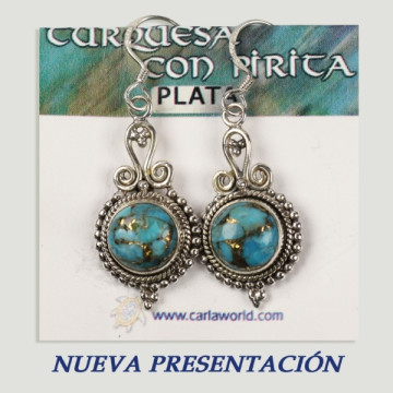 Brincos cabochão em Prata Turquesa com Pirita azul claro. A partir de 3gr. (PREÇO POR GRAMA)