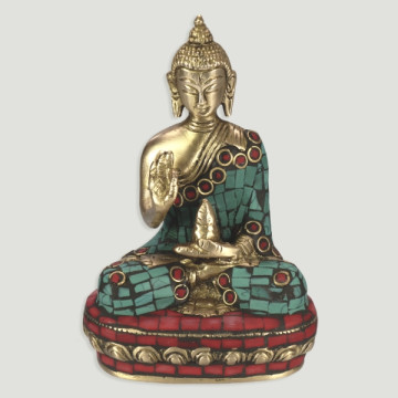 Brass Buddha sitting throne with stones. 14cm.