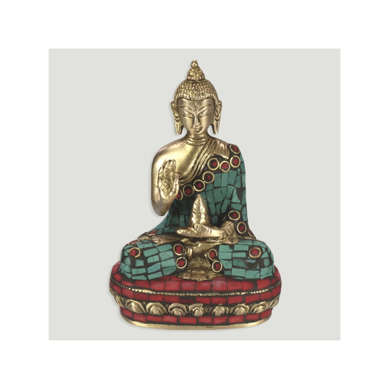 Buda latón sentado trono con piedras. 14cm. Buda latón sentado trono con piedras. 14cm.