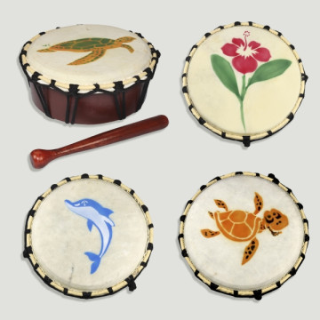 Hand drum with drumstick. Wood and assorted motifs. 20cm.