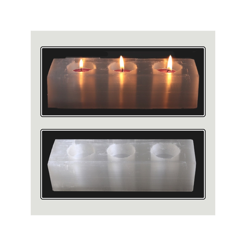 Sélénite. Bougeoir triple rectangulaire. 18/20x6 env. (Al2) Sélénite. Bougeoir triple rectangulaire. 18/20x6 env. (Al2)