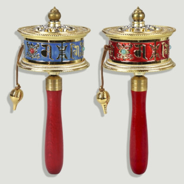 Prayer wheel metal/wood golden blue/red 8,5x21cm