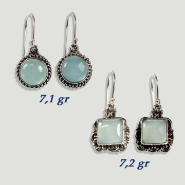 AQUAMARINE Argent Cabochon Boucles d'Oreilles 5.2GR -5.3GR (PRIX AU GRAMME)