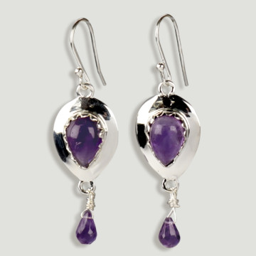 Silver Amethyst earrings cabochon teardrop+faceted drop