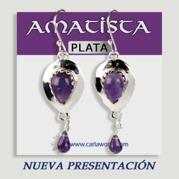 Brincos de prata Ametista cabochão lágrima + gota facetada