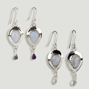 Silver Piedraluna earrings tear cabochon+faceted drop