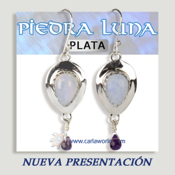 Silver Piedraluna earrings tear cabochon+faceted drop