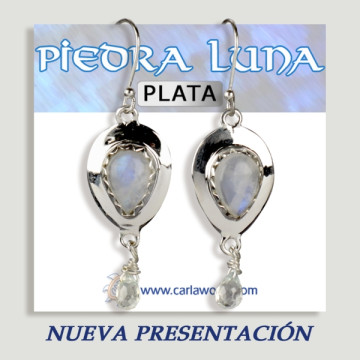 Silver Piedraluna earrings tear cabochon+faceted drop