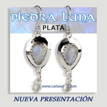 Pendientes Plata Piedraluna lágrima cabujón+gota facetado