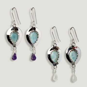 Boucles d'oreilles goutte cabochon argent Larimar + gouttes facettes