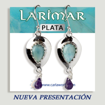Silver Larimar cabochon teardrop+faceted drop earrings