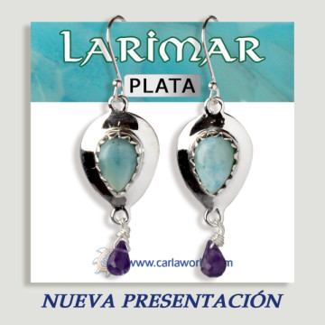 Brincos lágrima cabochão Larimar prata + brincos facetados