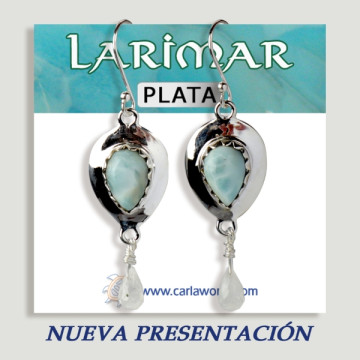 Boucles d'oreilles goutte cabochon argent Larimar + gouttes facettes