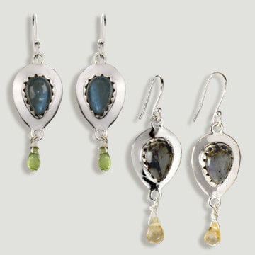 Cabochon en forme de goutte de labradorite argentée + boucles d'oreilles pendantes à facettes