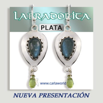 Silver Labradorite teardrop cabochon+faceted drop earrings