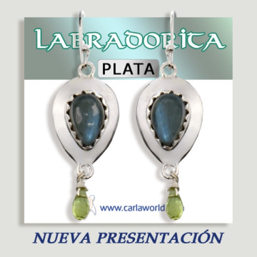 Pendientes Plata Labradorita lágrima cabujón+gota facetado