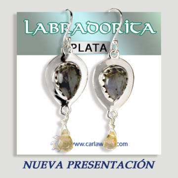 Pendientes Plata Labradorita lágrima cabujón+gota facetado