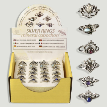 Display Rings silver cabochon shapes / assorted mineral