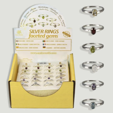 Assorted mineral faceted gem silver rings display