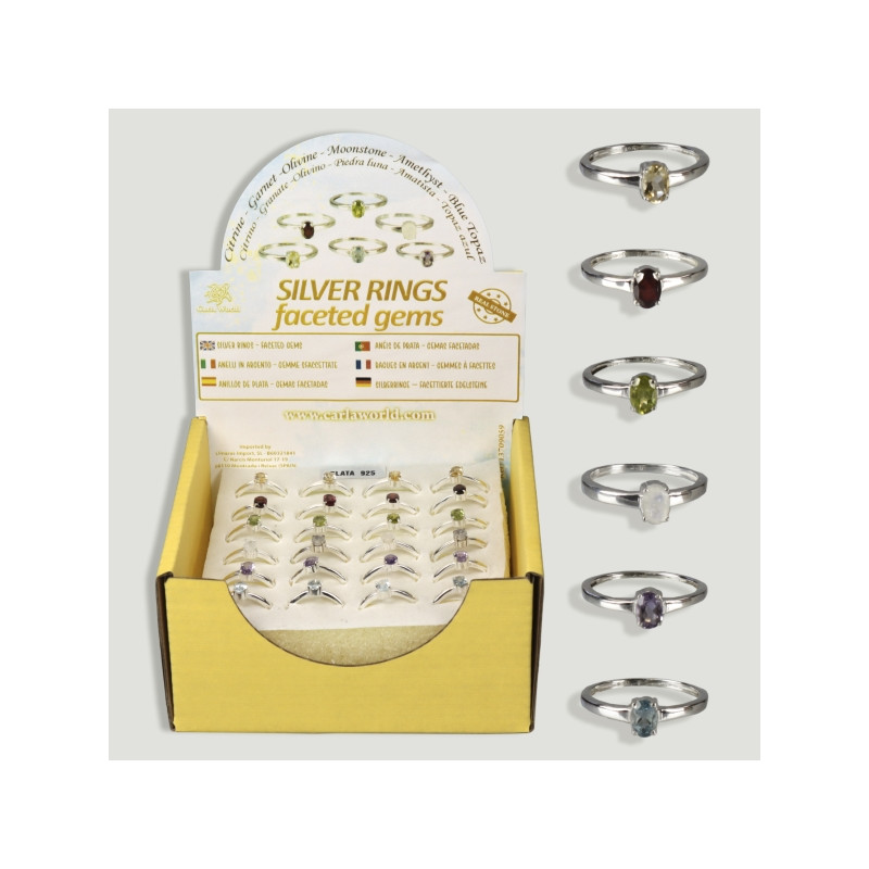 Assorted mineral faceted gem silver rings display Assorted mineral faceted gem silver rings display